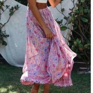 Boho Colorful Pink Floral Print Tassel Maxi Skirt